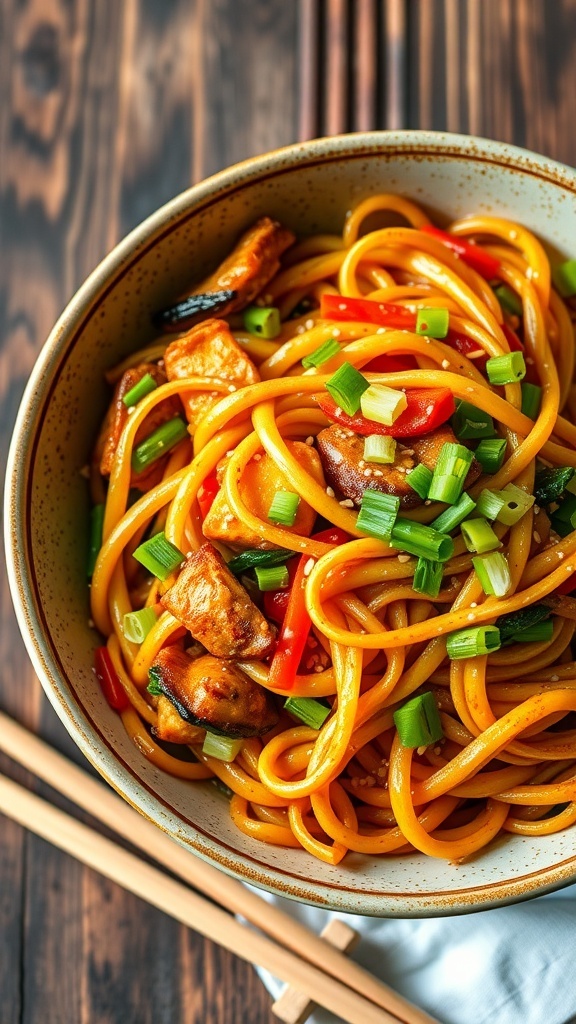 A bowl of power noodles with vegetables and protein, garnished with green onions and sesame seeds on a wooden table.